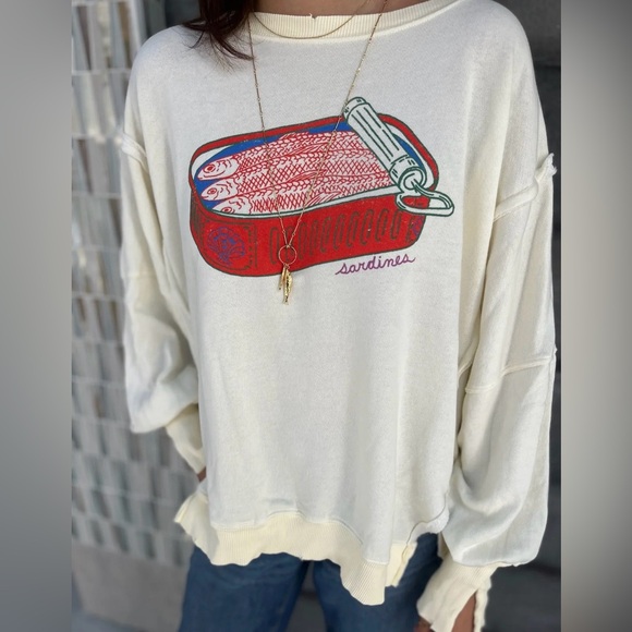 Free People Camden graphic sardine sweatshirt cream white sweater top - Picture 2 of 6